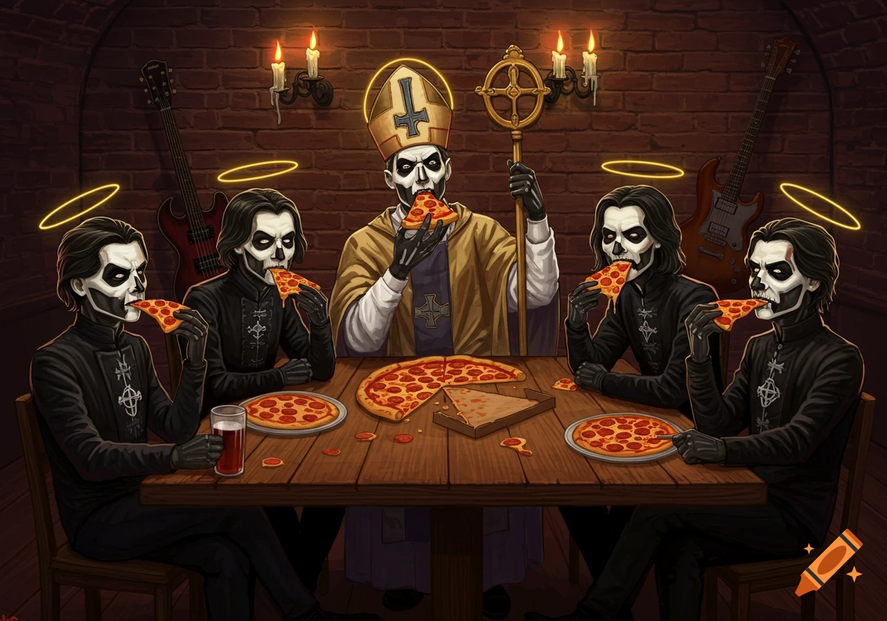 Stylized illustration of five figures in skull makeup and religious attire eating pizza at a table.