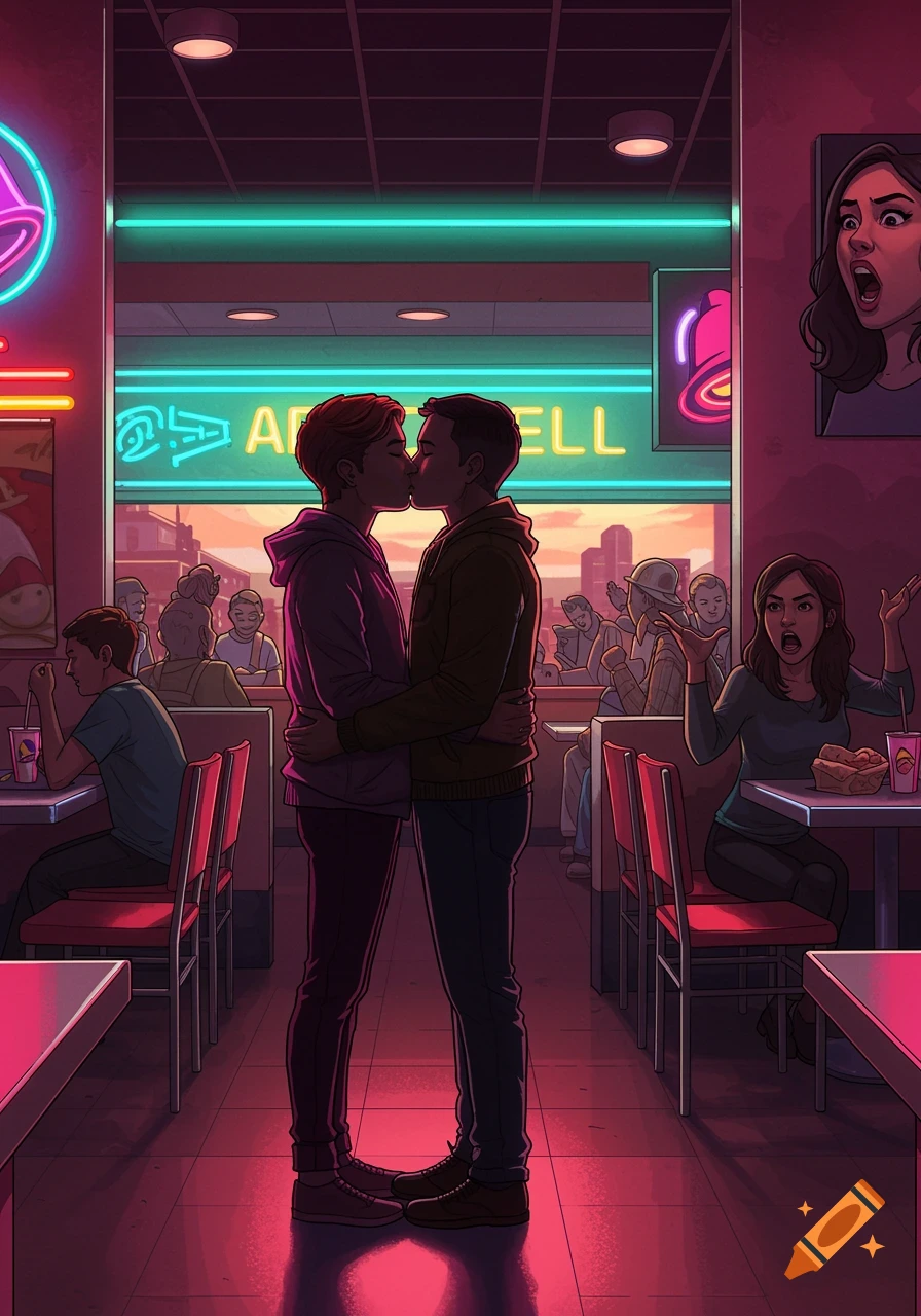 An illustration of a gay couple kissing in a neon-lit Taco Bell restaurant, while a woman in the background reacts with surprise.
