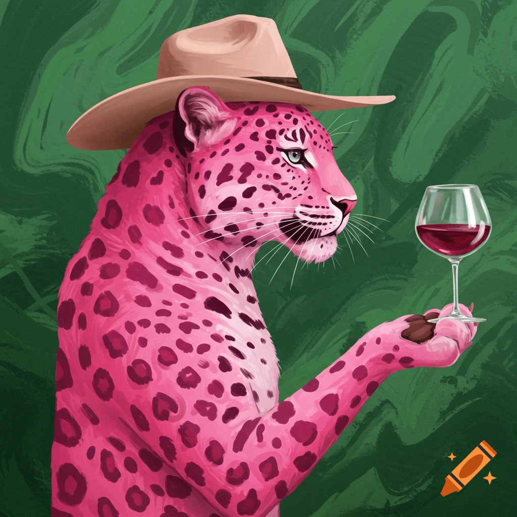 A bright pink leopard wearing a beige cowboy hat holds a glass of red wine against a green abstract background.