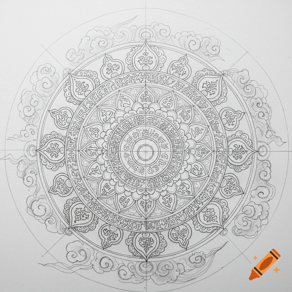 Detailed pencil sketch of a Buddhist mandala wheel with intricate patterns and symbols.