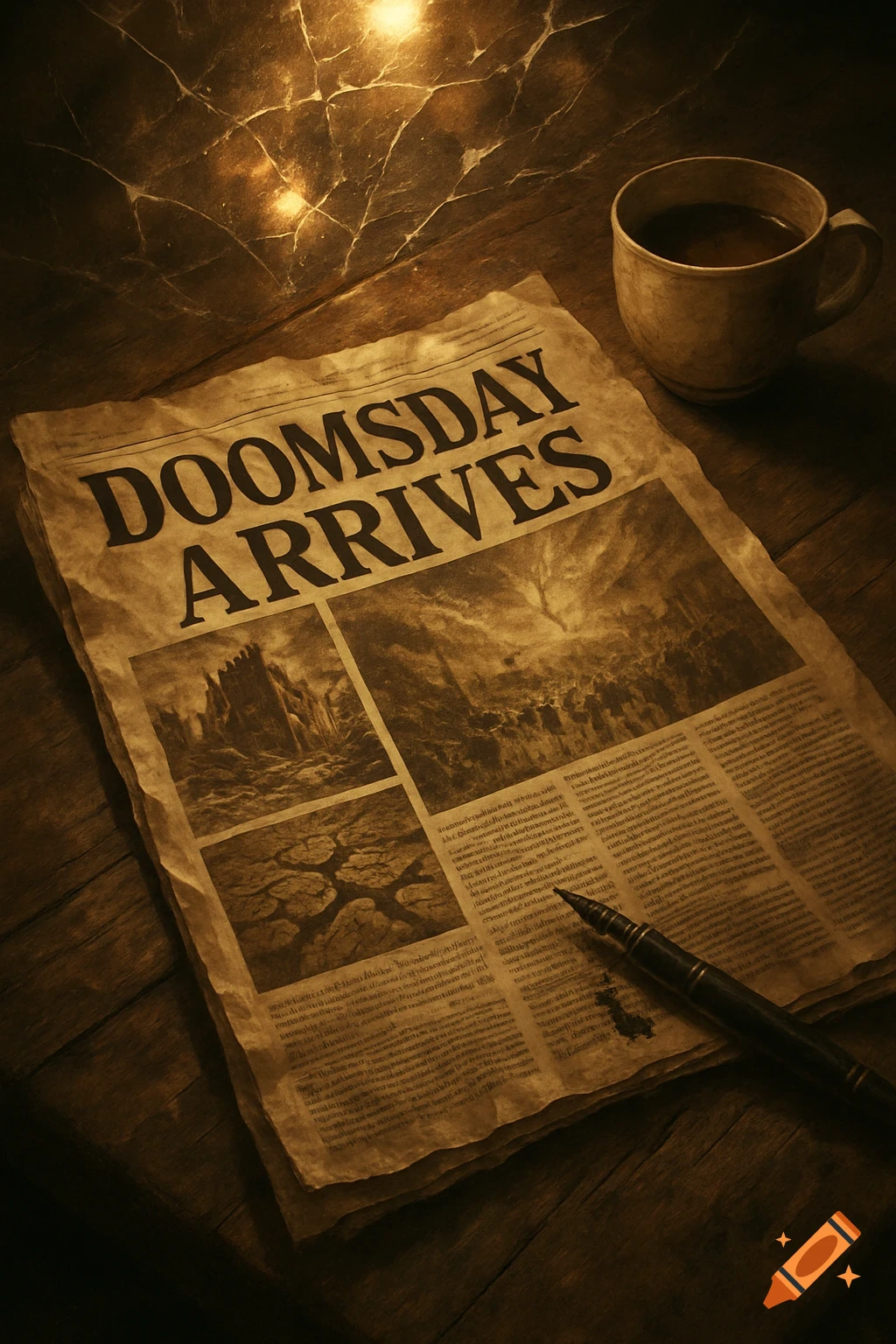 A vintage newspaper titled 'DOOMSDAY ARRIVES' on a wooden table, next to a coffee cup and a pen, under dramatic lighting.