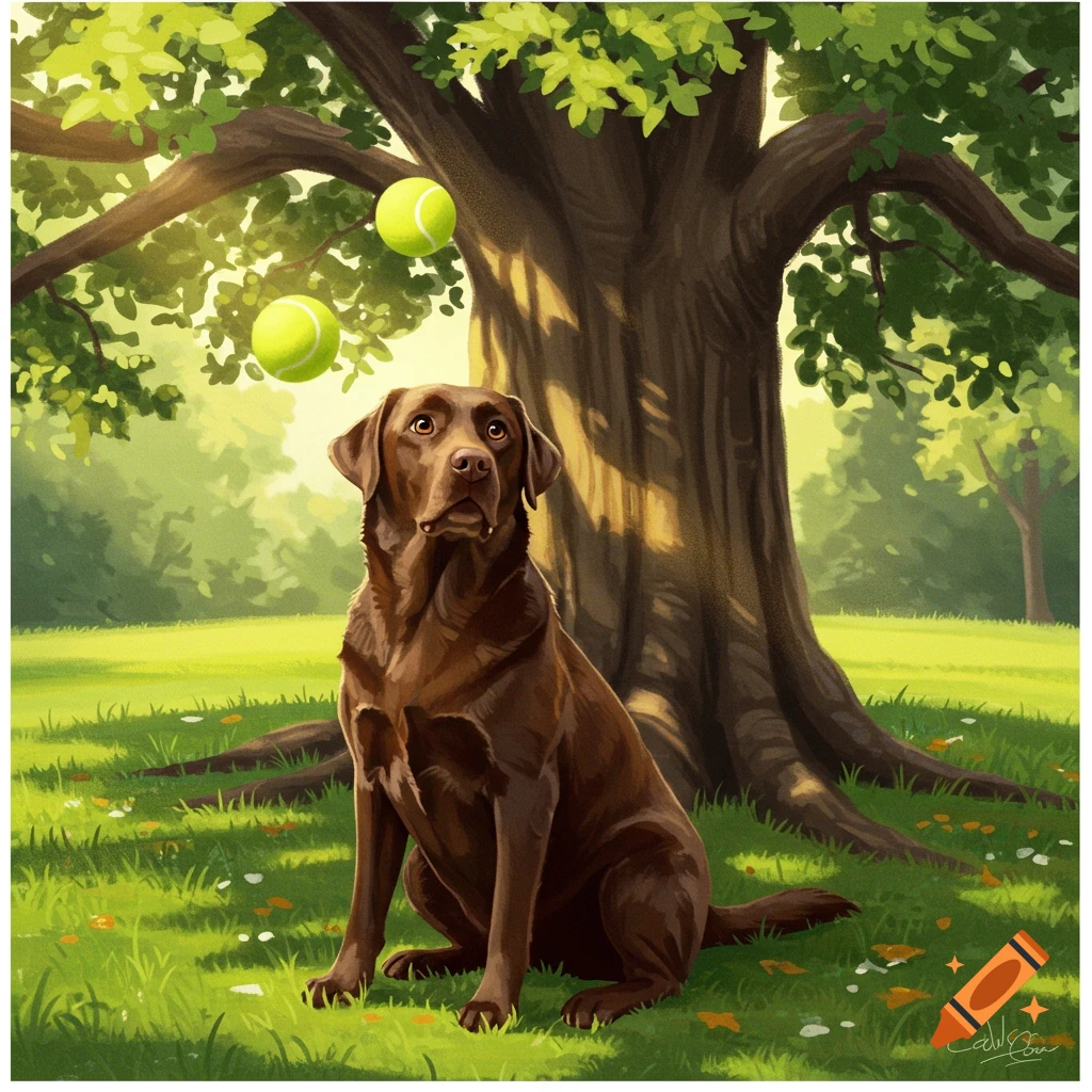 An illustrative image of a chocolate Labrador sitting under a tree, looking up at two tennis balls floating above it in a sunny park.