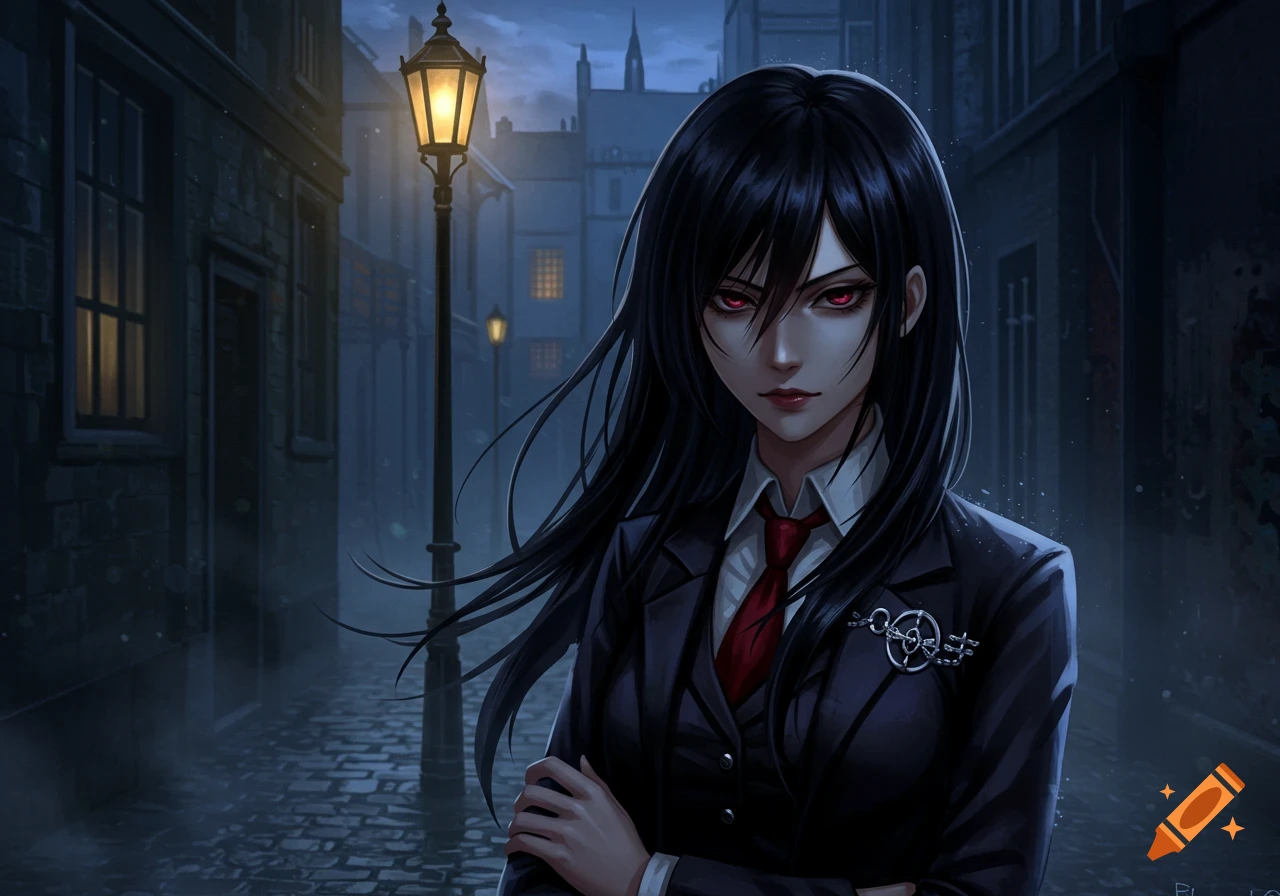 An anime girl with black hair and red eyes in a dark suit stands on a cobblestone street at night, illuminated by a street lamp.