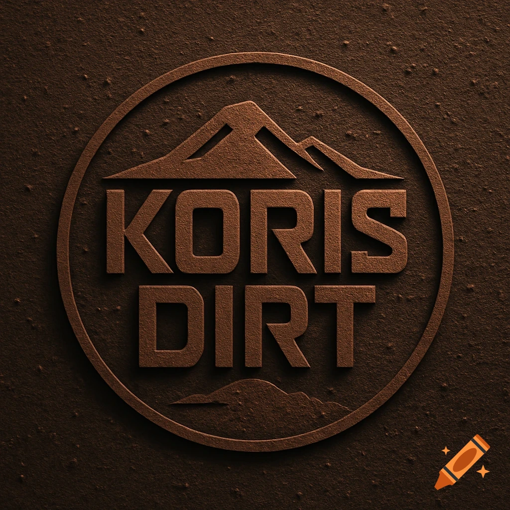 A bronze-embossed circular logo features the words "KORIS DIRT" above and below stylized mountains, on a textured background.