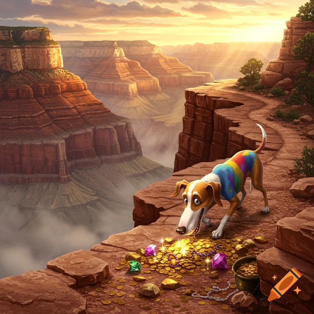 A colorful, cartoon-style dog discovers a pile of shining gold coins and gems on a cliff edge overlooking the Grand Canyon at sunset.