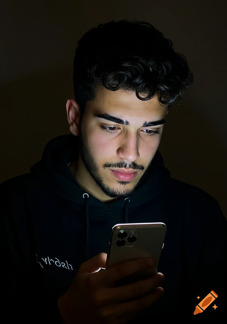 Photorealistic portrait of a young man looking at his smartphone in a dark room, lit by the phone's glow.