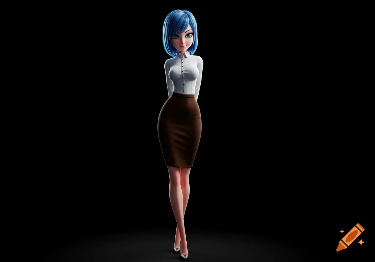 A stylized 3D rendered woman with blue bob hair, a white blouse, a brown pencil skirt, and high heels stands facing the camera against a black background.