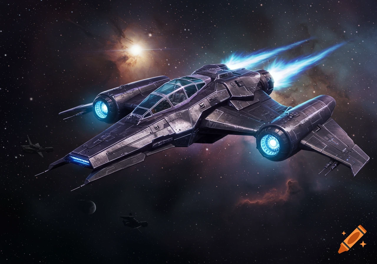 A sleek, dark bounty hunting spacecraft flies through a star-filled galaxy with bright blue engine glows.