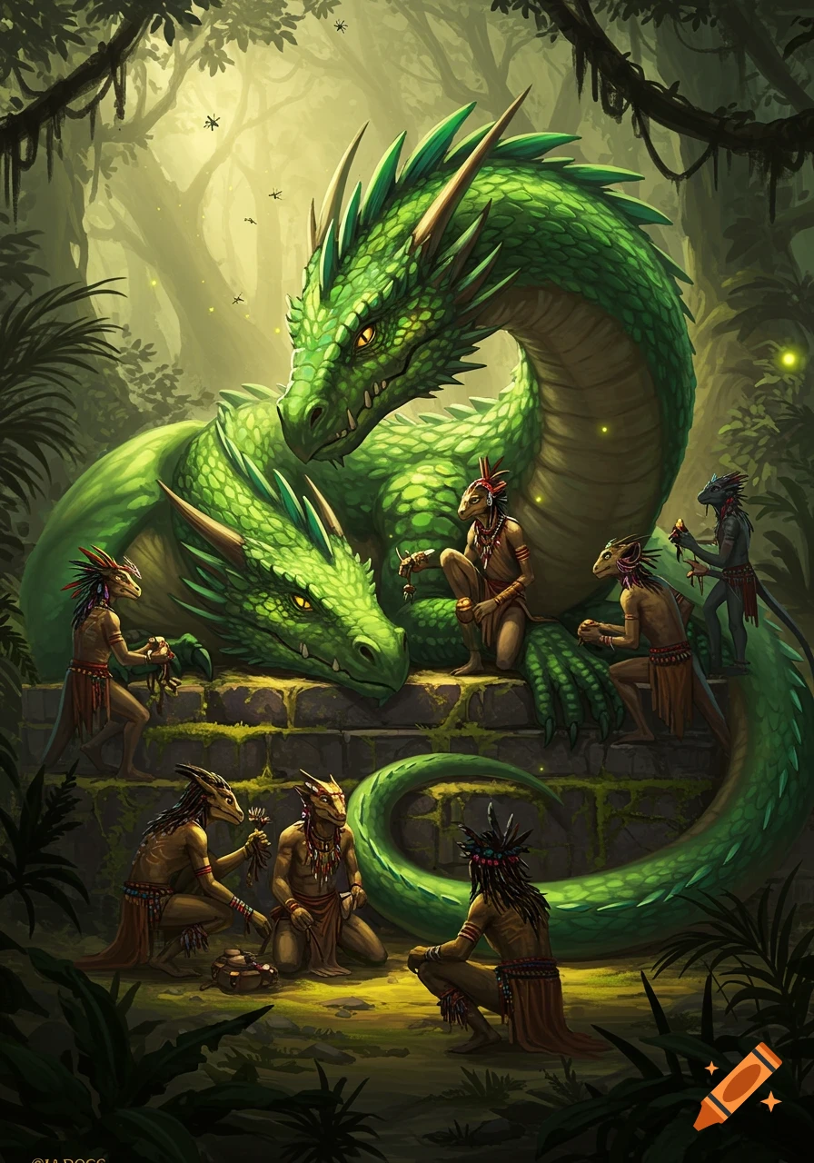 Two large green dragons rest on stone ruins in a lush jungle, surrounded by several lizardfolk tending to them in a fantasy art style.