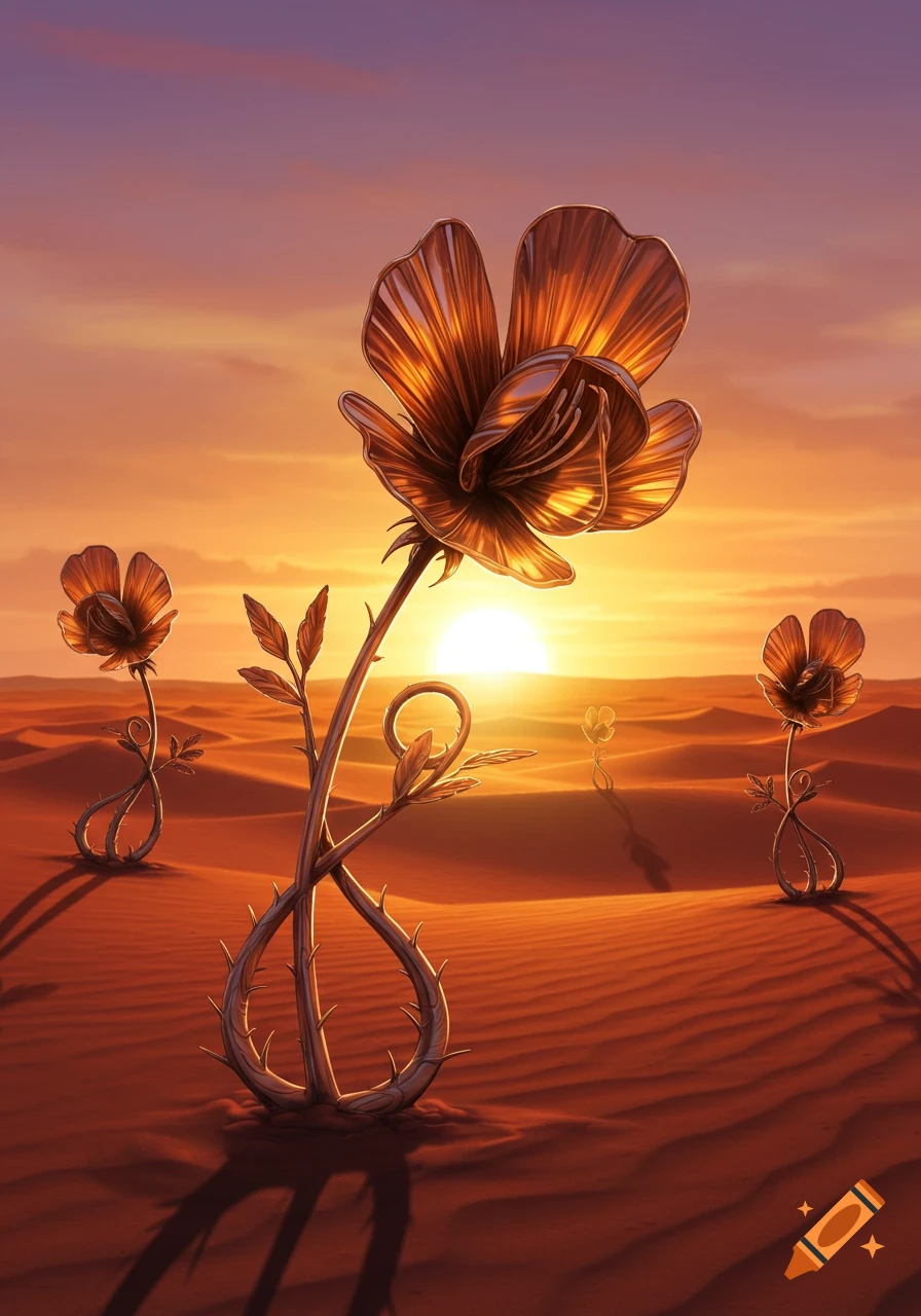 Shiny golden metallic flowers stand in a desert landscape at sunset.