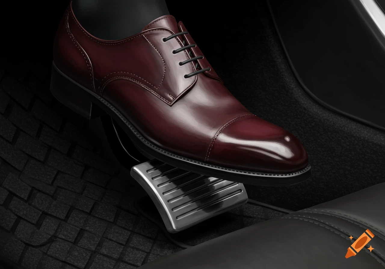 A close-up of a person's foot wearing a polished brown dress shoe pressing the gas pedal in a car interior.