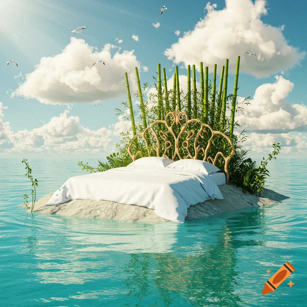 A bed with white bedding and an ornate wooden headboard sits on a small island in a turquoise ocean, with bamboo, clouds, and seagulls under a bright blue sky.