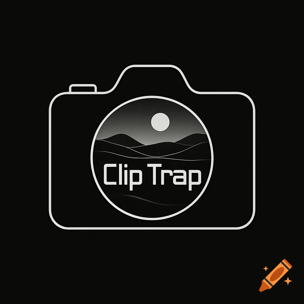 A clean, minimalist logo featuring a white camera outline with a circular lens containing a monochrome landscape and 'Clip Trap' text on a black background.