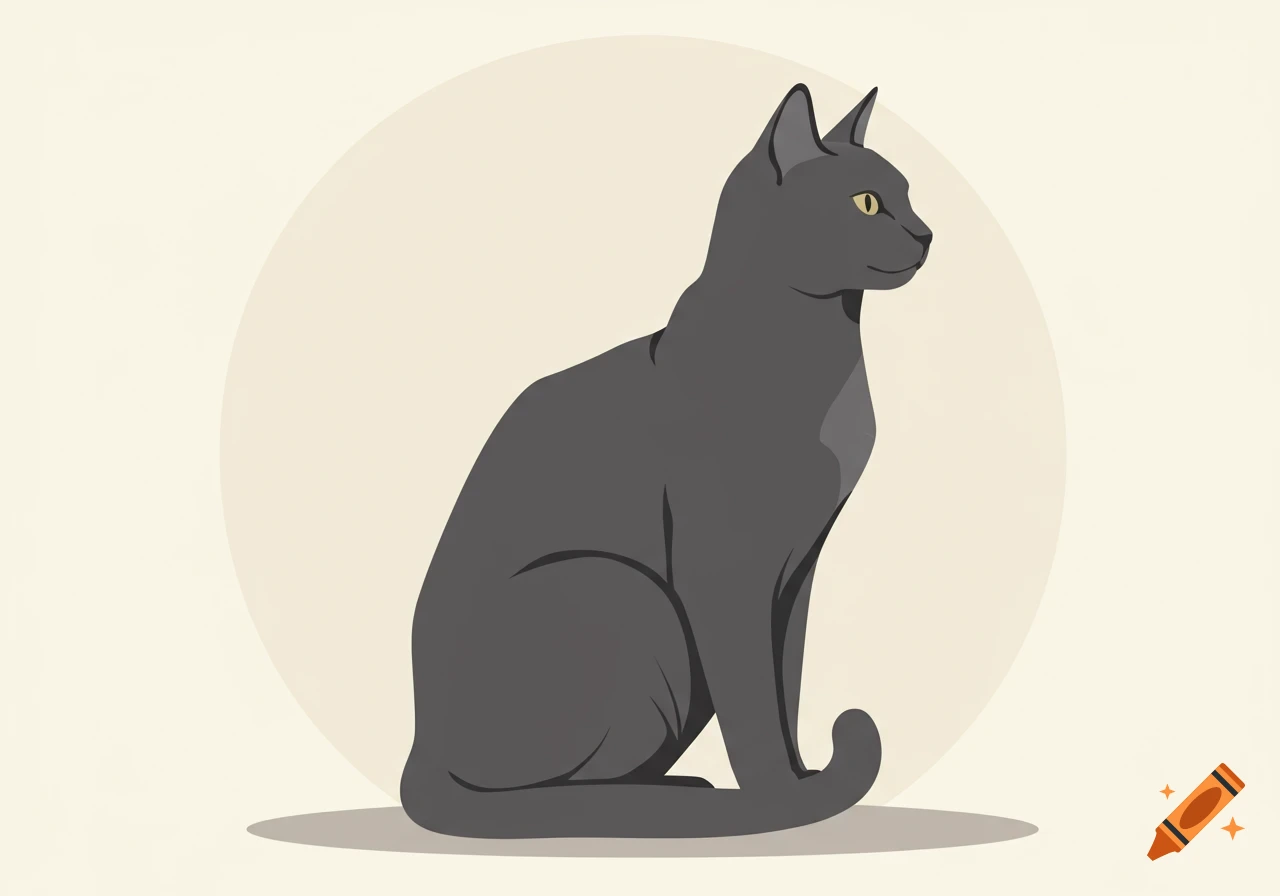An illustration of a gray cat sitting and looking to the right, against a light circular background.