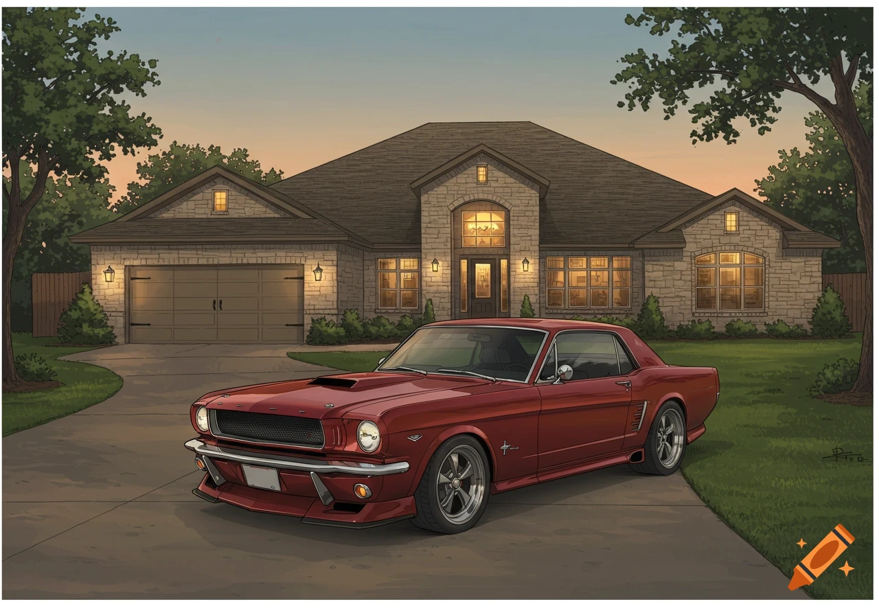An illustration of a red 1965 Mustang fastback restomod parked in the driveway of a stone house.