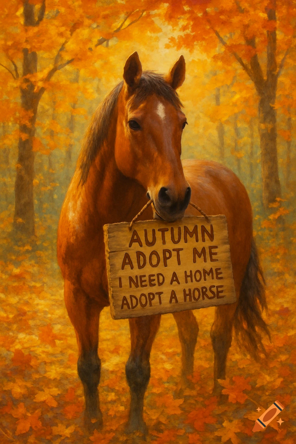 A brown horse stands in an autumn forest holding a wooden sign that reads 'AUTUMN ADOPT ME I NEED A HOME ADOPT A HORSE' in a painterly style.