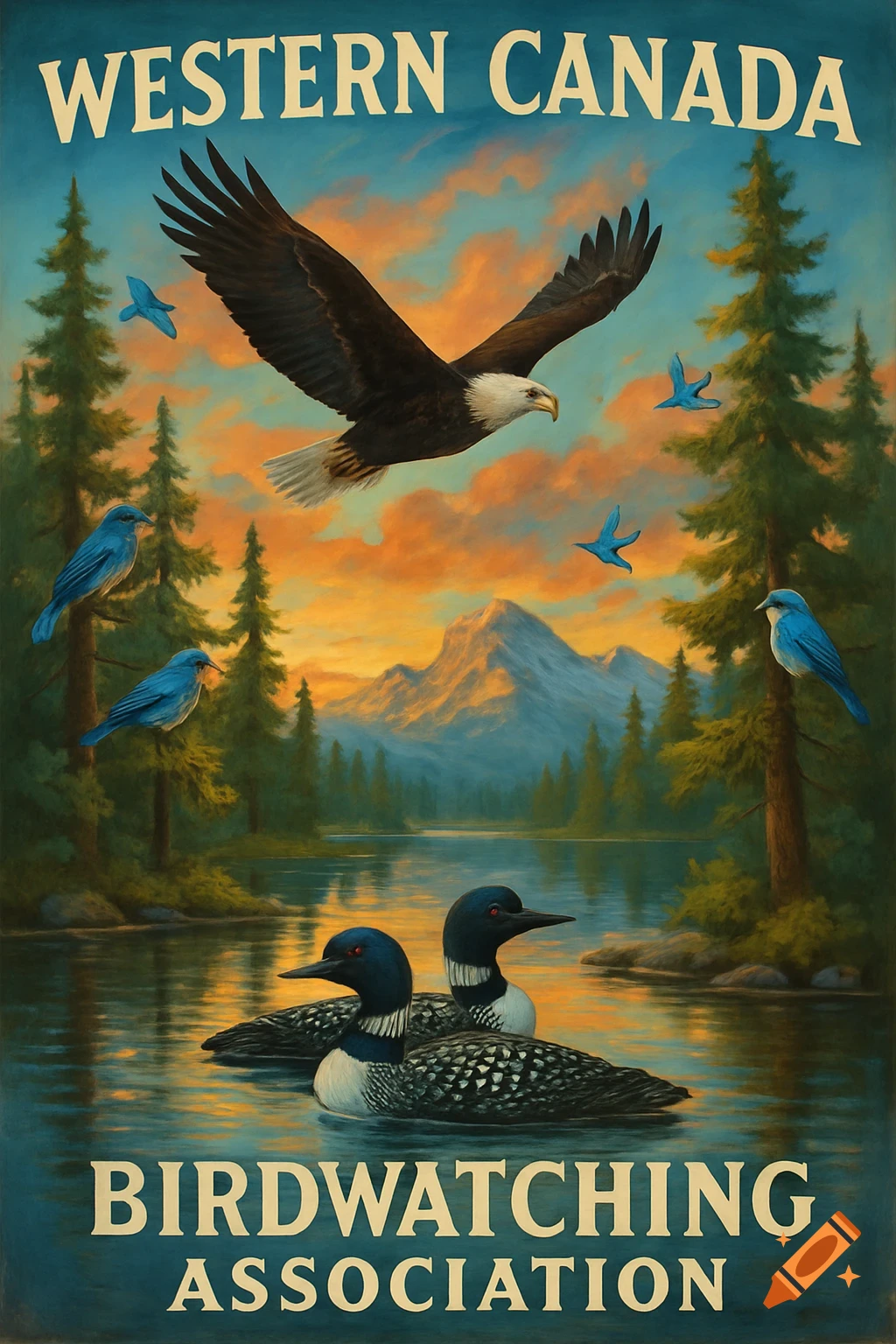 Vintage-style poster for Western Canada Birdwatching Association with an eagle, loons, and blue birds over a lake and mountains at sunset.