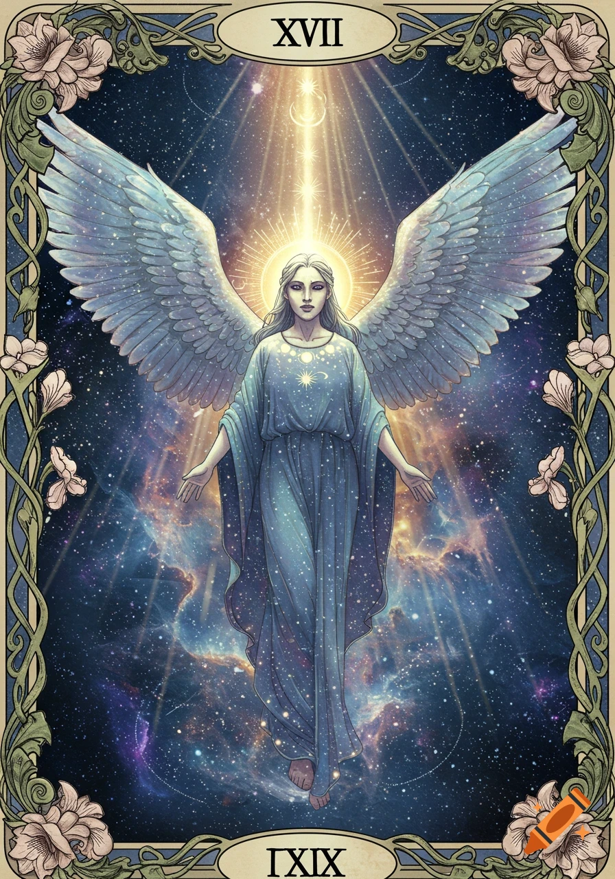 An angelic figure with large blue wings and a flowing robe stands amidst a starry nebula, bathed in golden light, within an ornate art nouveau border. Roman numerals XVII and IXIX are at the top and bottom.
