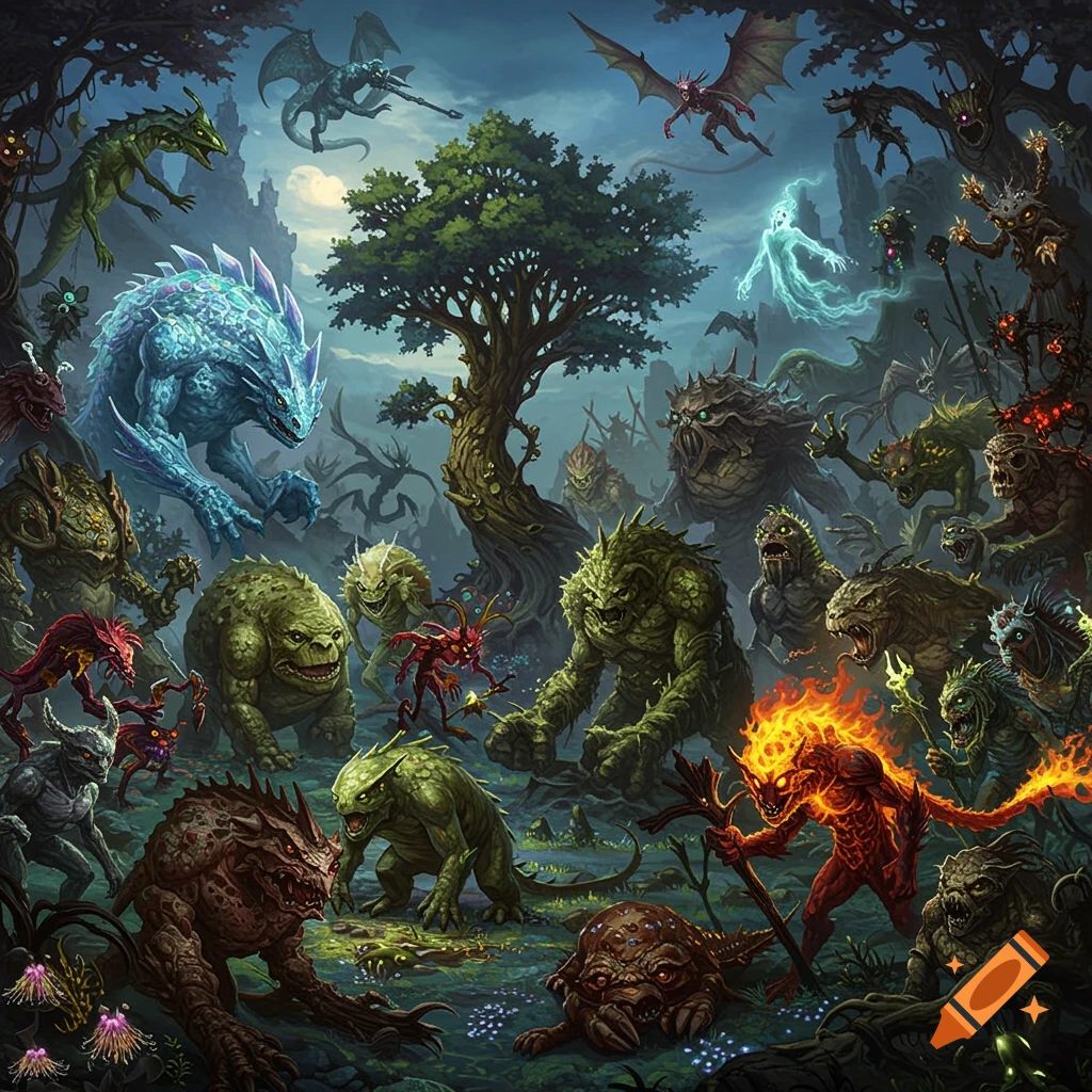 A detailed, vibrant digital painting of numerous unique fantasy monsters, including dragons and golem-like creatures, gathered in a moonlit, mystical forest.