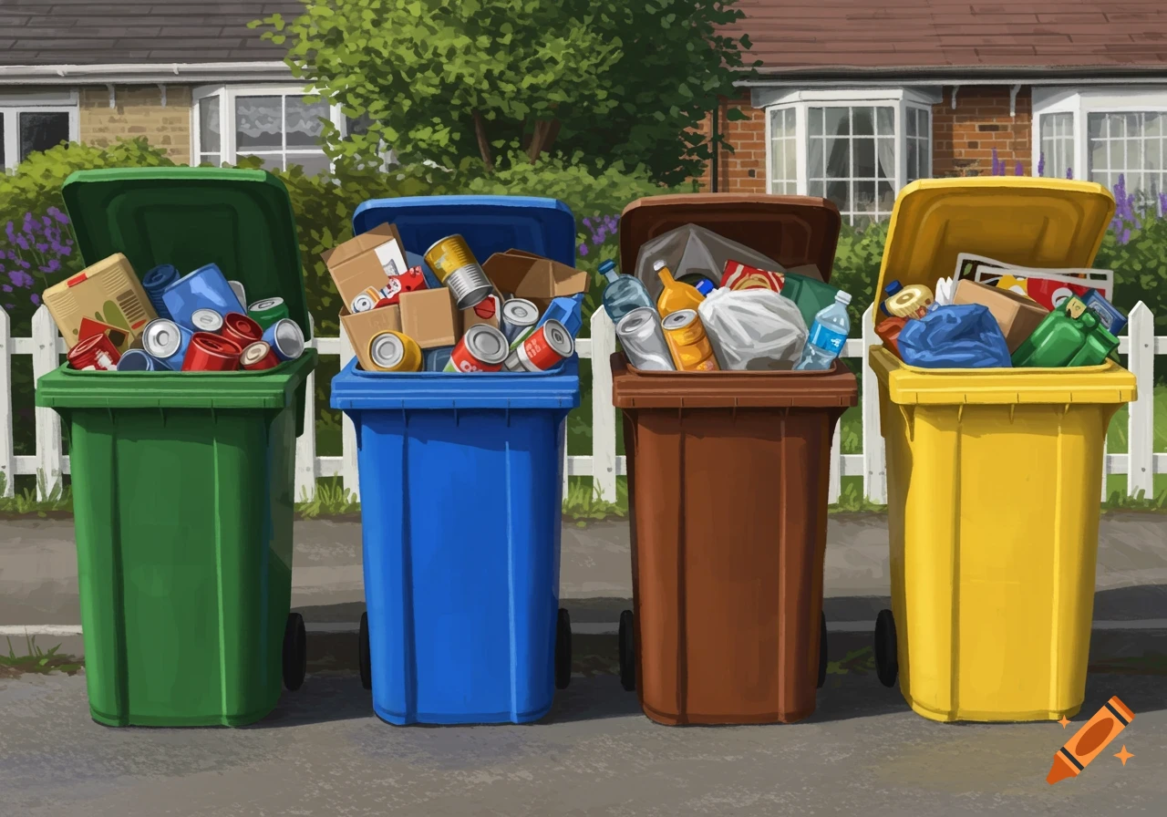 Four green, blue, brown, and yellow recycling bins filled with various waste items are lined up on a street in front of a house.