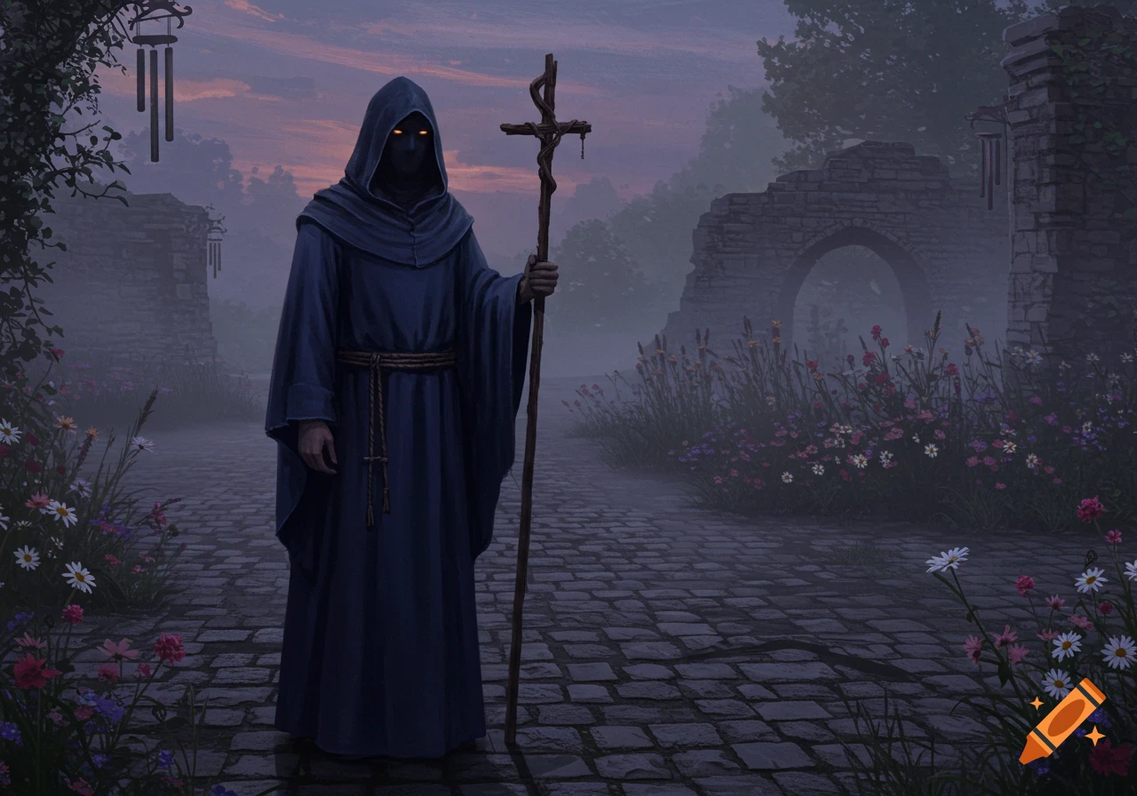 A robed figure with glowing eyes stands on a stone path, holding a cross staff, amidst misty ruins and wildflowers at dusk.