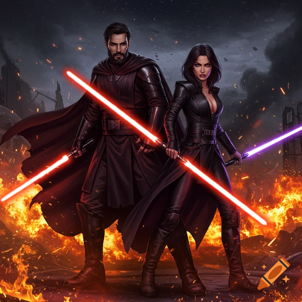 A man and a woman in dark Sith-like armor and capes stand back-to-back amidst fire. The man wields a red lightsaber, the woman a purple one.