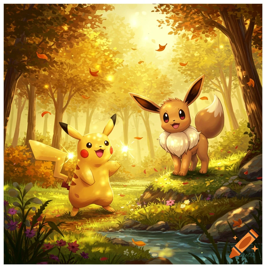 A vibrant illustration of a happy Pikachu waving and Eevee standing by a stream in a sunny autumn forest.