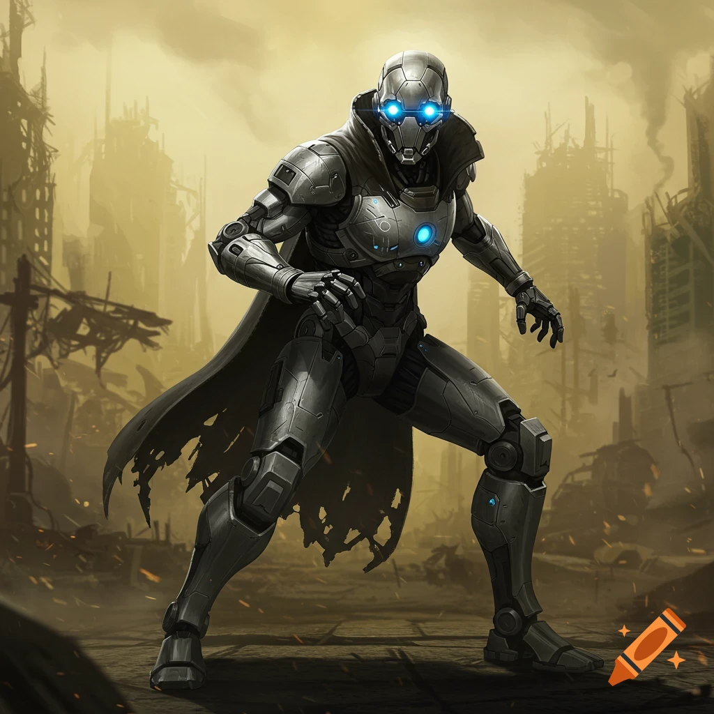 A metallic robot with glowing blue eyes and a dark cape stands in a ruined, post-apocalyptic city.