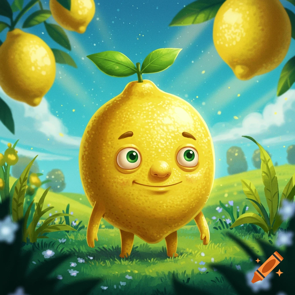 A cheerful, round yellow lemon character with a face, arms, and legs stands in a grassy field under a blue sky, with other lemons on trees in the background.