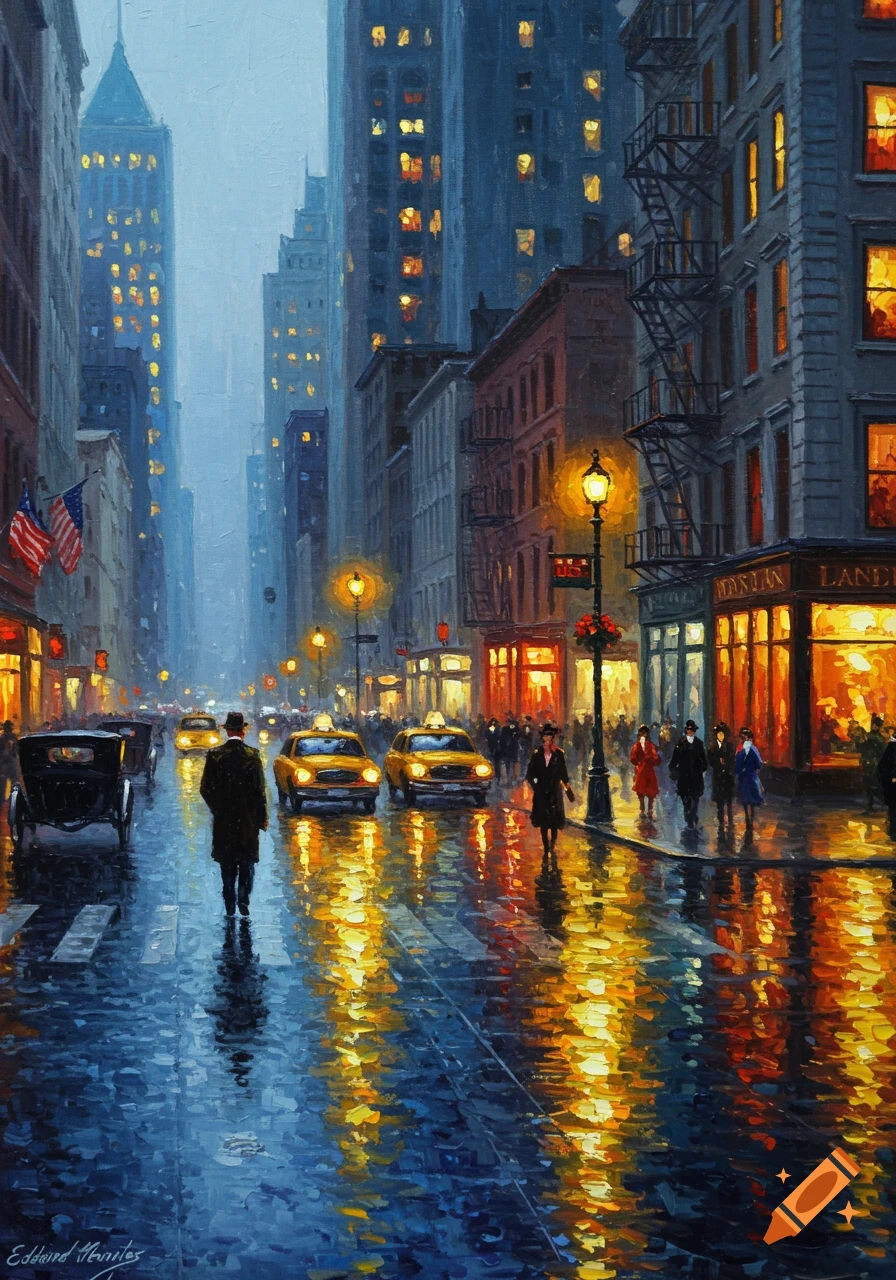 A vibrant painting of a rainy city street at dusk, with glowing streetlights, building windows, yellow taxis, and pedestrians on the wet pavement, reflecting light.