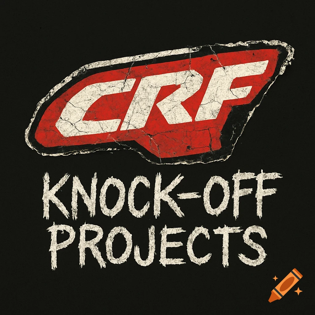 A distressed red and white 'CRF' logo with 'KNOCK-OFF PROJECTS' in grunge font on a black background.