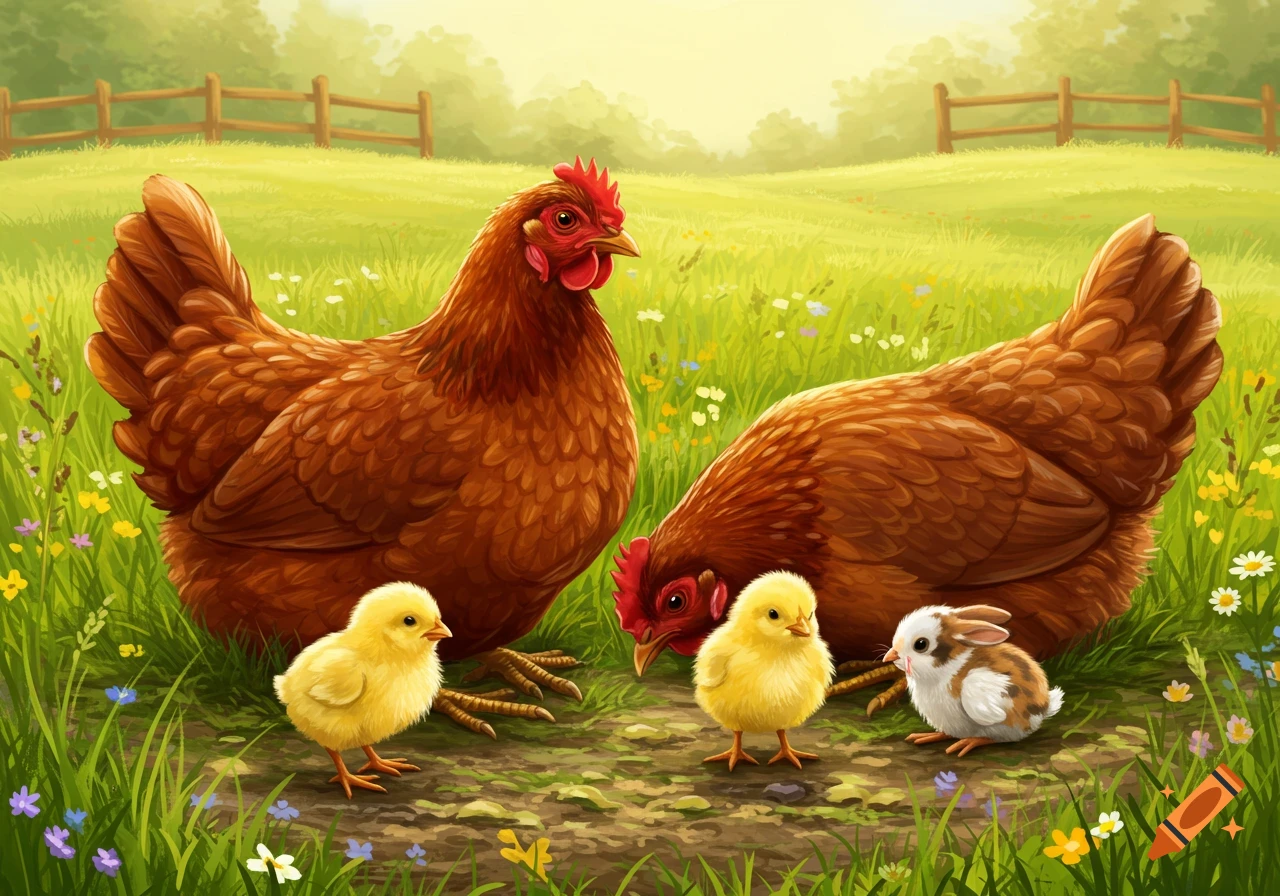 A stylized painting of two brown hens and two yellow chicks with a small brown and white bunny in a grassy field with a fence in the background.