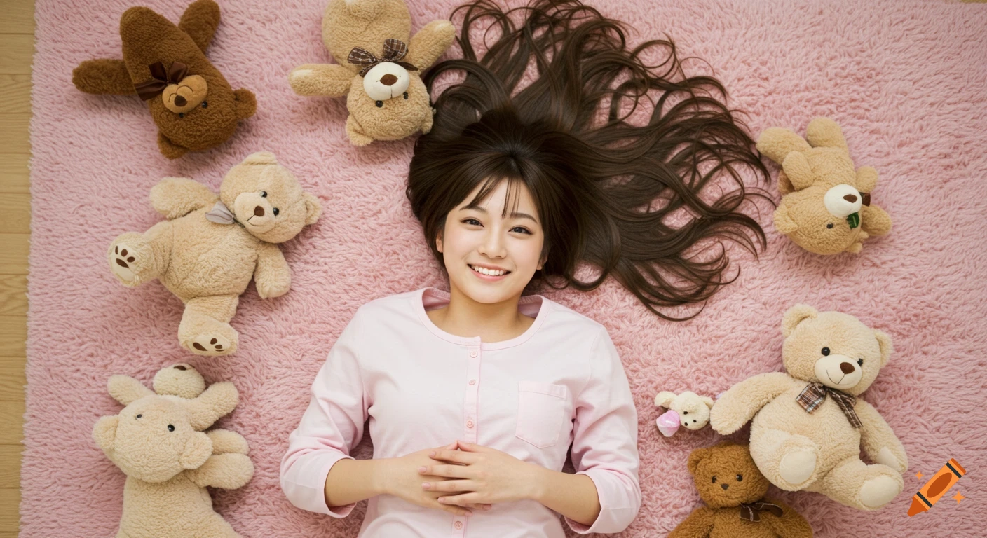 A smiling young woman in pink pajamas lies on a pink rug, surrounded by various teddy bears, viewed from above.