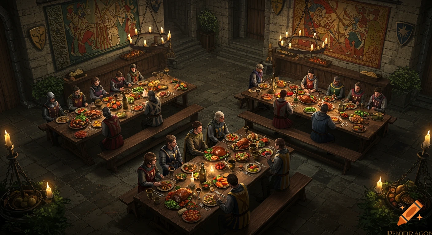 An overhead view of a medieval great hall with knights and nobles feasting at long wooden tables laden with food.