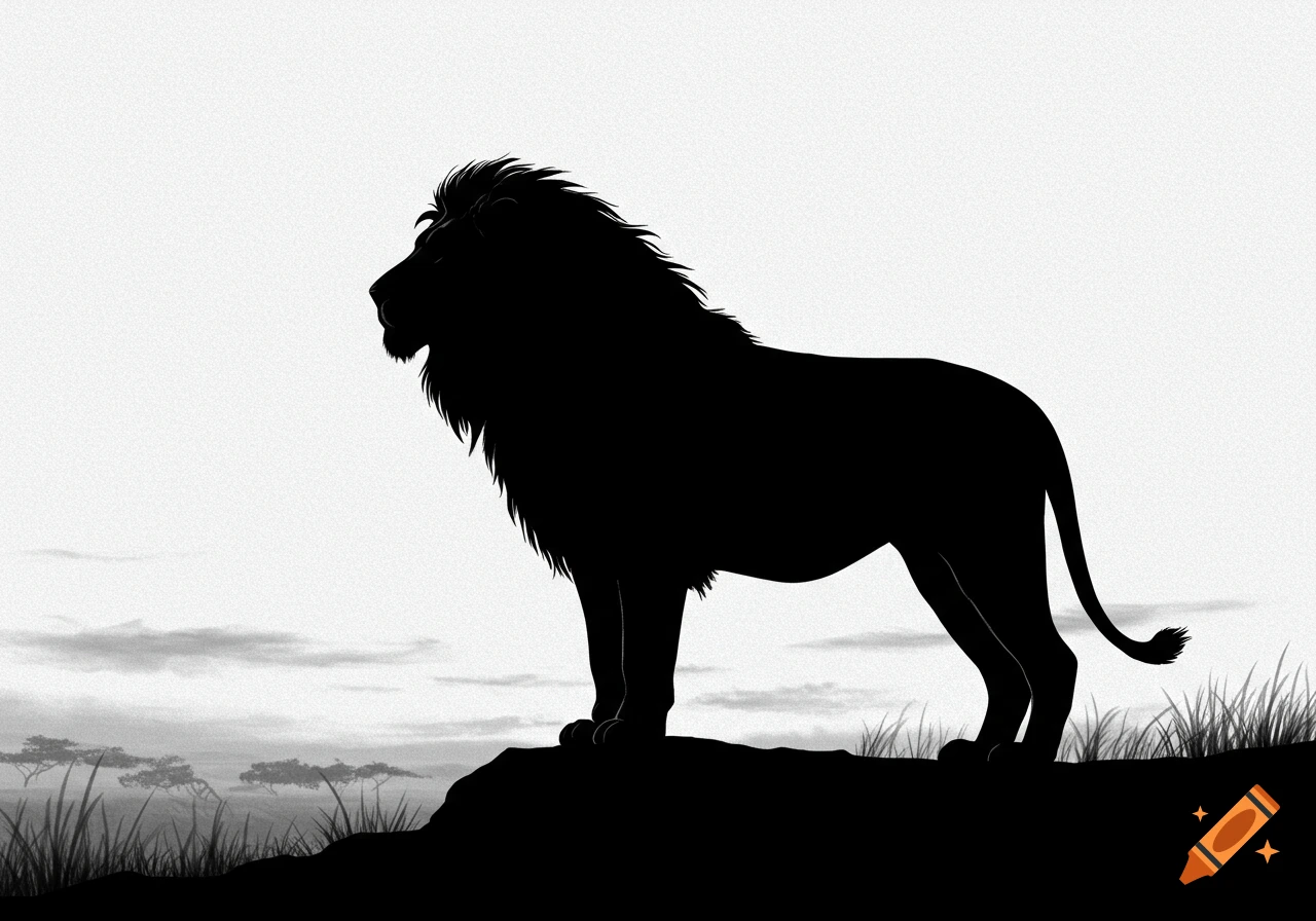 A black silhouette of a lion stands on a rock against a light sky with distant trees in a minimalist style.