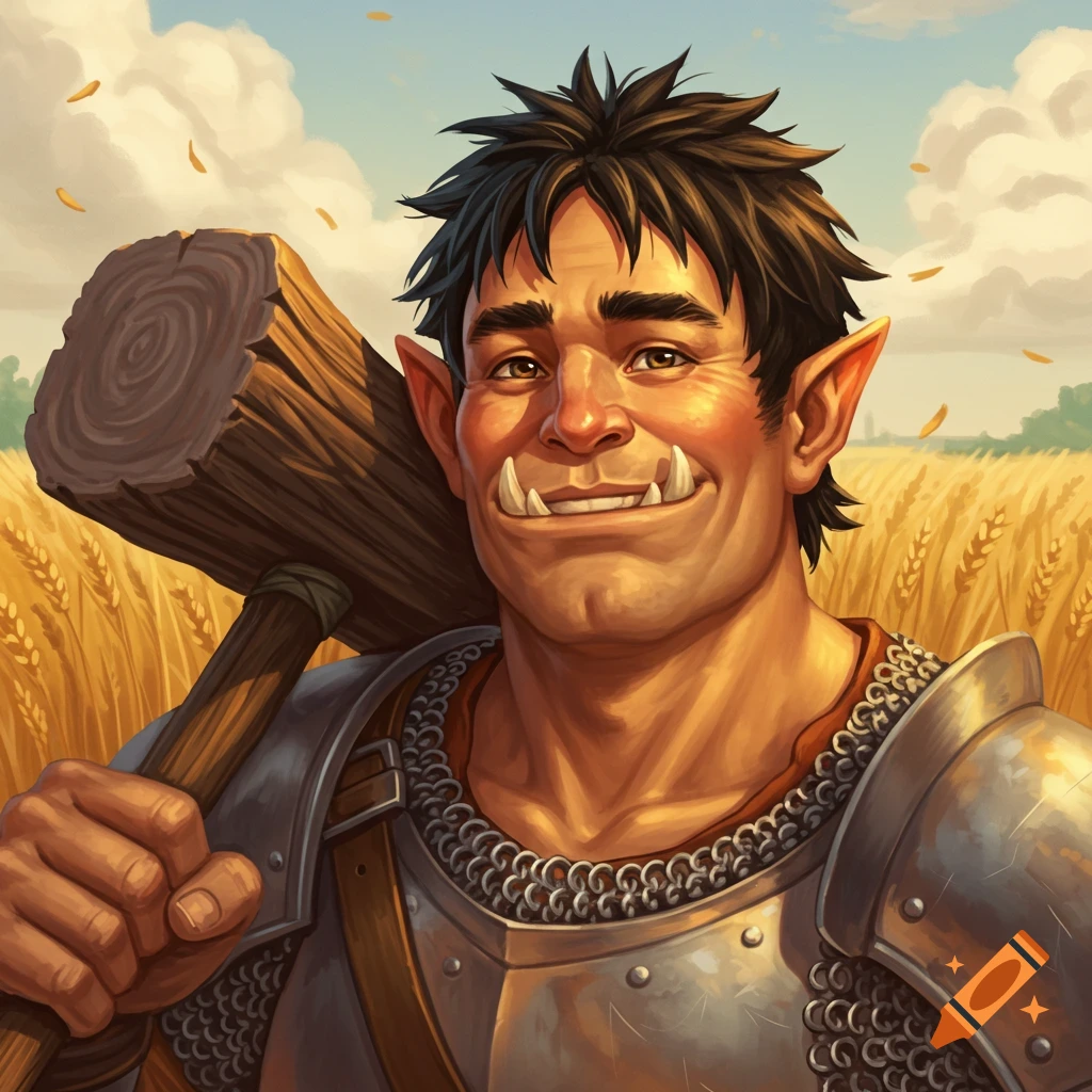 A happy, friendly orc in chainmail armor holds a maul over his shoulder in a wheat field.