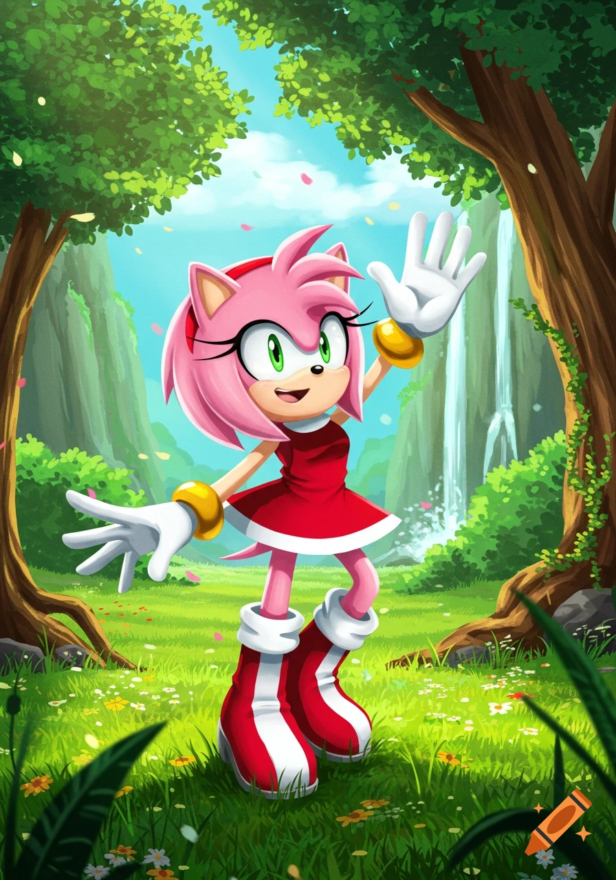 Amy Rose from Sonic the Hedgehog smiles and waves in a vibrant, lush forest with a waterfall and falling petals.