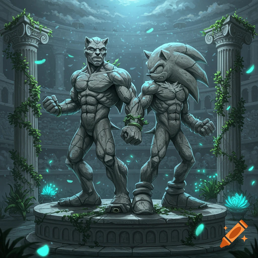 Buff stone statues of Sonic and Shadow the Hedgehog stand in an overgrown, moonlit coliseum with glowing plants.
