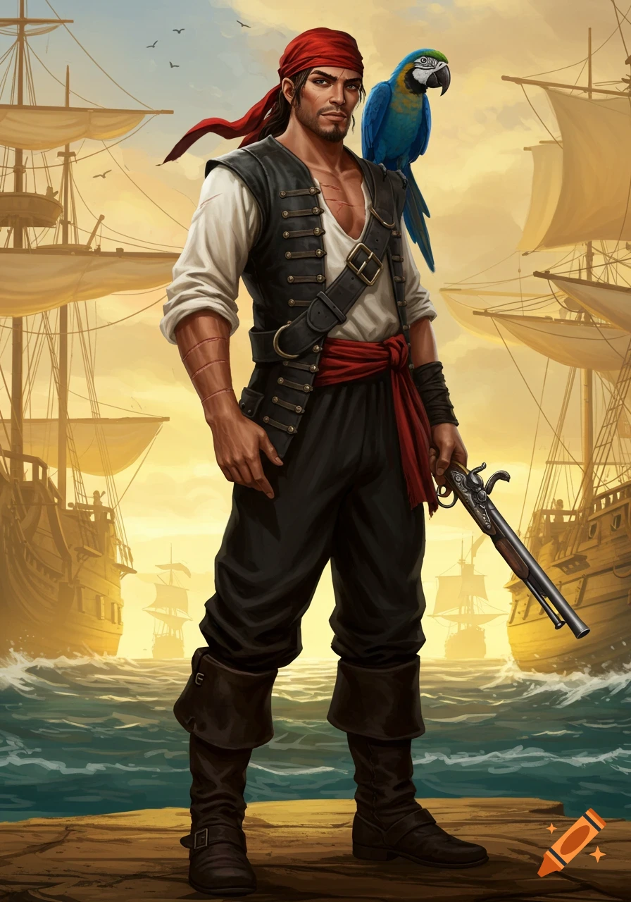A fantasy illustration of a pirate with a red bandana and vest, a blue parrot on his shoulder, holding a pistol, on a dock with ships.