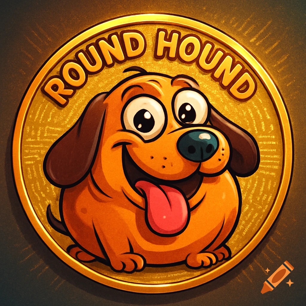 A cartoon chubby hound dog with big eyes and tongue hanging out, on a gold coin with 'ROUND HOUND' text.
