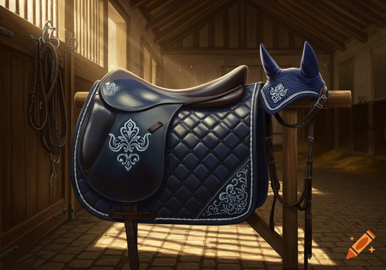 A dark blue equestrian saddle and matching ear bonnet with white decorative patterns, in a sunlit wooden stable.
