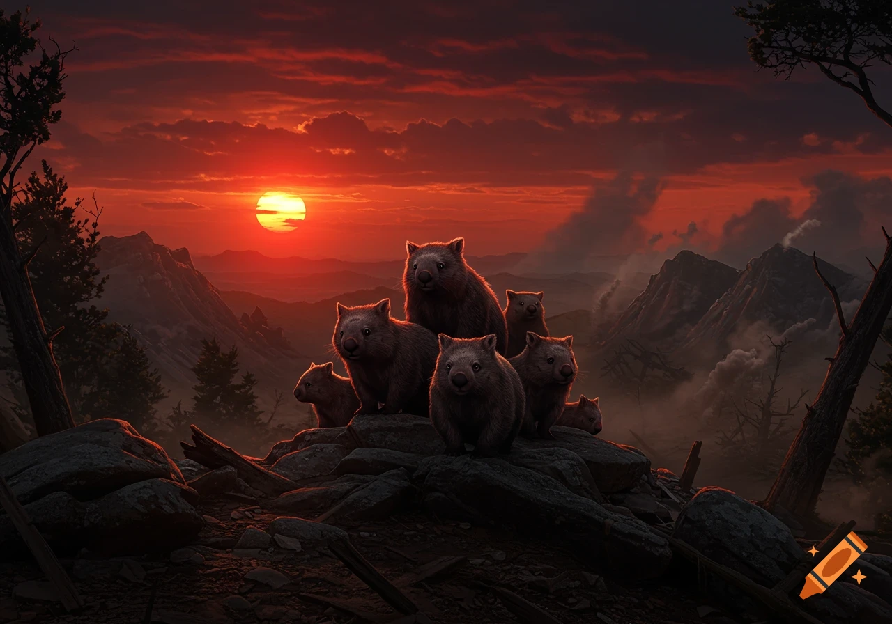 A group of wombats stand on rocks against a dramatic red sky with a setting sun and smoking mountains in the background.