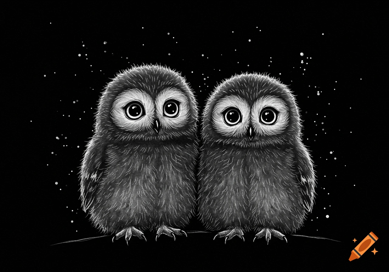 Two fluffy baby owls with large eyes, drawn with white crayon on a dark black background with white speckles.