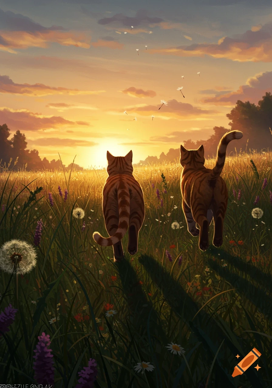 Two orange tabby cats walk away from the viewer through a field of tall grass and wildflowers at sunset.