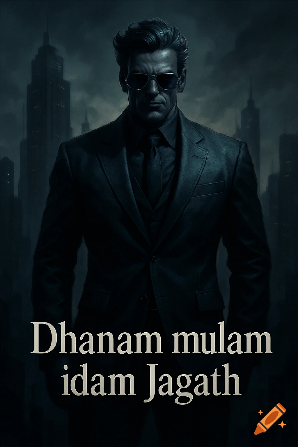 Dark, stylized portrait of a man in a suit and sunglasses against a gloomy city skyline, with text "Dhanam mulam idam Jagath."