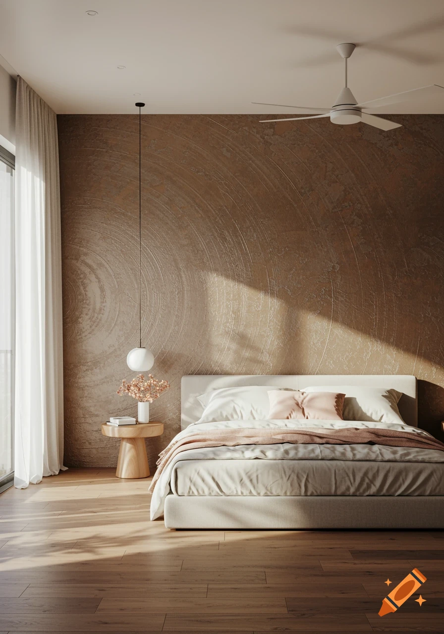 Modern bedroom with a white bed, textured brown wall, wooden floor, and a white ceiling fan, lit by sunlight.