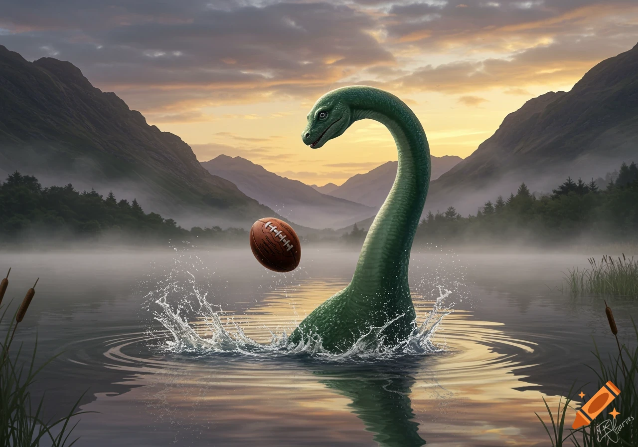 A green Loch Ness monster emerges from a misty lake at sunrise, looking at a football floating above the water amidst mountains. Fantasy art.