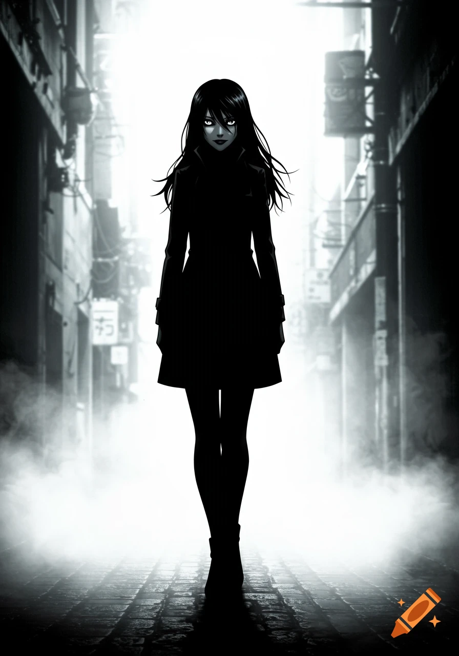 A black and white anime-style image of a mysterious girl with white eyes standing in a foggy, dark alley.