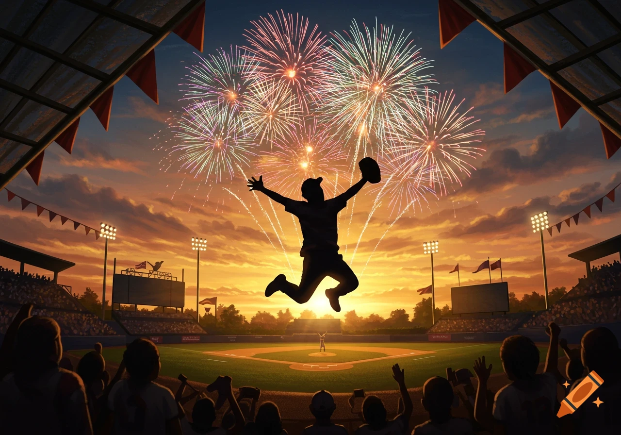 A silhouetted baseball player jumps in celebration on a field as fireworks explode above, with a crowd watching at sunset.
