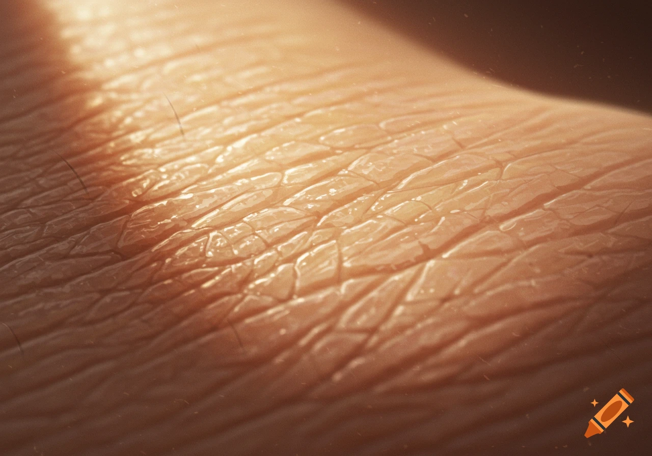 Close-up, detailed shot of human skin texture with pores and fine lines, illuminated by warm light.